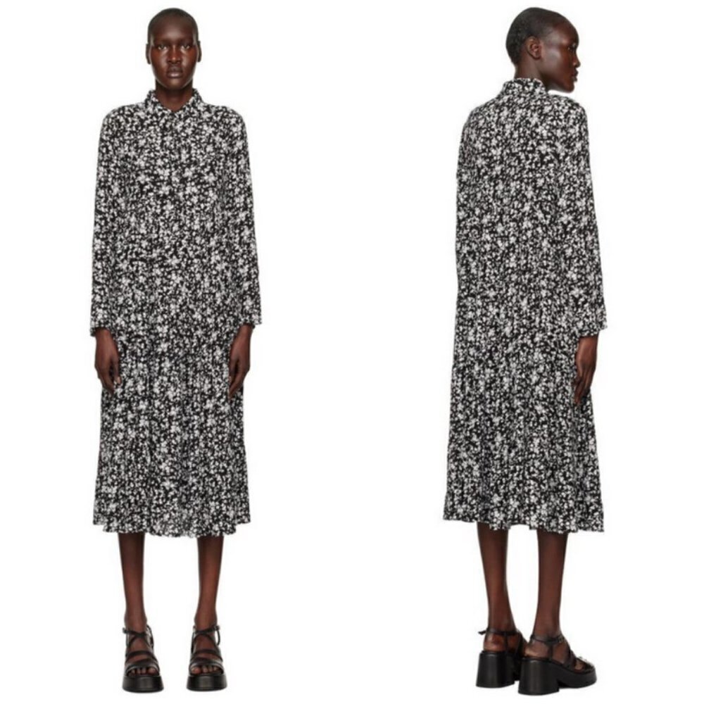 💕GANNI💕 Printed Crepe Layer Midi Dress ~ Viscose Black Floral Print 36 EU - Picture 5 of 16